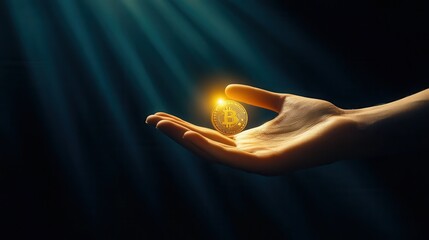 Grasping Opportunity - Hand Offering Glowing Golden Coin in Beams of Light on Dark Background