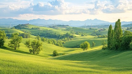 Obraz premium Gentle winds sweep through a valley, golden hour light dances around wind turbines as shadows grow longer across rolling hills beneath a watercolor sky