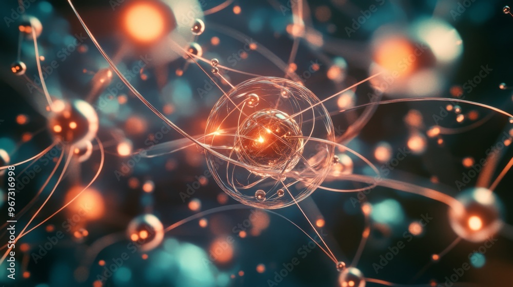 Poster A dynamic scene showing atoms in a gaseous state, with particles moving freely and colliding in an animated, scientific setting.