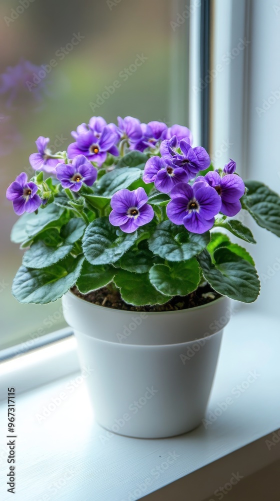 Sticker a potted African violets plant by the window