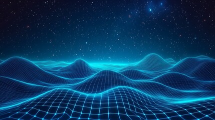 Futuristic digital landscape with glowing waves and starry sky, showcasing advanced technology and imaginative design.