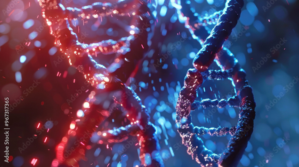 Poster image showcases vibrant representation of DNA strands illuminated in red and blue hues, creating captivating visual effect that symbolizes life and genetic science