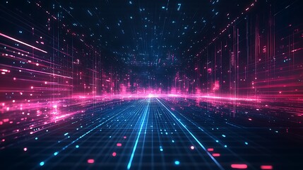 Obraz premium Futuristic digital landscape with vibrant pink and blue lights, creating a sense of depth and motion in a technological environment.