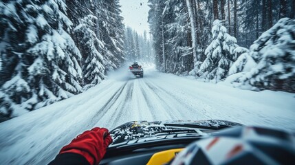 Rally car driver speeding through a snowy forest road, capturing the thrill and adrenaline of winter motorsport