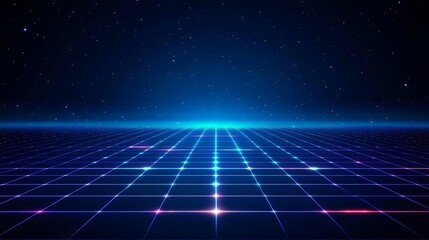 Futuristic grid landscape with glowing neon lights and starry background, perfect for technology or sci-fi themes.