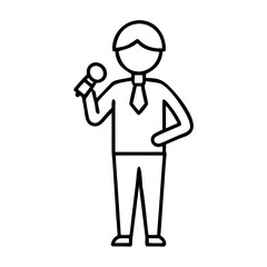 Obraz premium Outline figure of news reporter holding microphone on white background