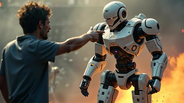 A man collides with a humanoid robot in a fiery cityscape during a tense futuristic encounter. The human curses and pokes the robot with a sensor