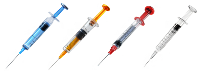 Syringe with colorful liquids medical equipment and injection supplies transparent background