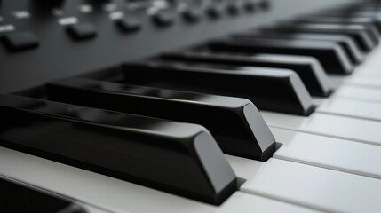 image features close up view of piano keys, showcasing contrast between black and white keys. smooth texture and elegant design evoke sense of musical artistry and creativity