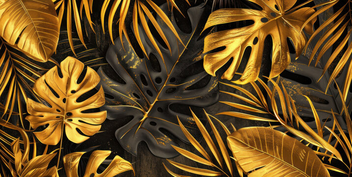 Golden tropical leaves create stunning contrast against dark background, evoking sense of luxury and natures beauty. intricate details of each leaf enhance overall aesthetic appeal