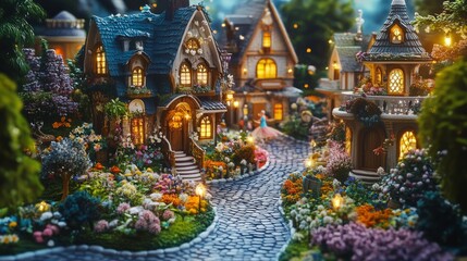 A highly realistic 3D doll village with tiny houses, vibrant gardens, and smiling dolls walking through cobblestone streets in a whimsical land of play.