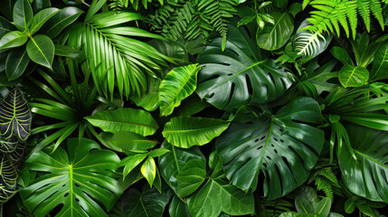 Lush green foliage creates vibrant and serene atmosphere, showcasing various tropical plants and leaves. This rich tapestry of greenery evokes sense of tranquility and connection to nature