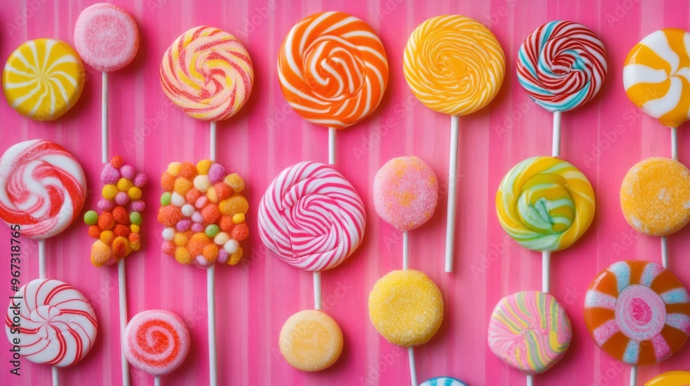 Poster A flat lay of assorted lollipops with different shapes and flavors, arranged neatly on a colorful tablecloth or surface.