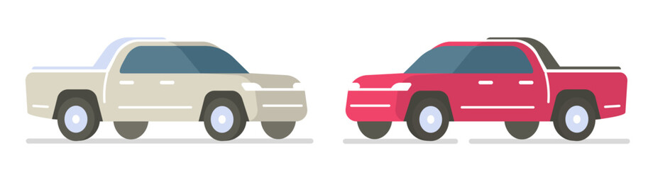 Pickup truck car vector icon flat cartoon 3d graphic illustration set, pick up vehicle automobile red white isolated minimal simple modern design image clip art
