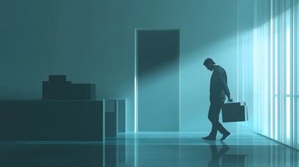 Icon figure, head down, walking away from a desk with a box of belongings, soft ambient lighting with gentle shadows, desaturated colors with a focus on blues and grays, clean and minimalistic lines,