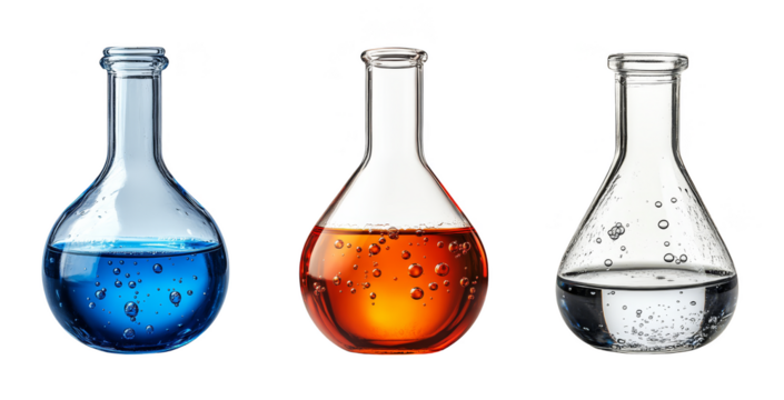 Glass laboratory flasks with colored liquids scientific experiment equipment transparent background