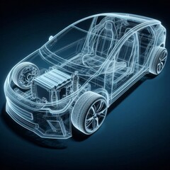 Naklejka premium A line art 3D illustration displays a modern electric car chassis x-ray, revealing the vehicle battery in a studio environment. 