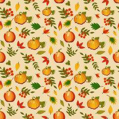 Seamless pattern with colorful pumpkins, autumn berries, leaves, stylized vector graphics. Trendy design for wall decor, postcard, cover, packaging, t shirt
