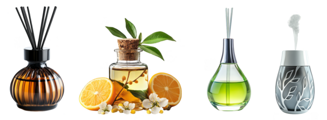 Reed diffusers with fragrant oils for home scenting aromatic decor transparent background