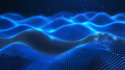 Fototapeta premium Stunning blue waves with glowing dots create a mesmerizing digital ocean, perfect for technology or abstract themes.
