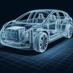 Naklejka premium A line art 3D illustration displays a modern electric car chassis x-ray, revealing the vehicle battery in a studio environment. 