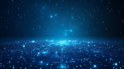 Obraz premium Stunning cosmic scene featuring glowing blue stars and a vibrant digital landscape, perfect for technology and space themes.