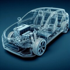 A line art 3D illustration displays a modern electric car chassis x-ray, revealing the vehicle...