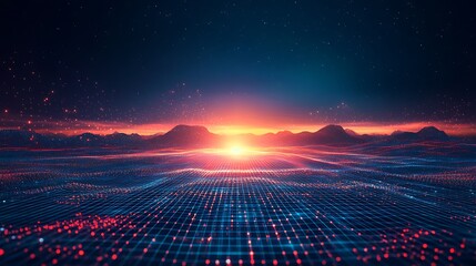 Obraz premium Stunning digital landscape featuring a vibrant sunset over a grid of lights, perfect for technology and futuristic themes.