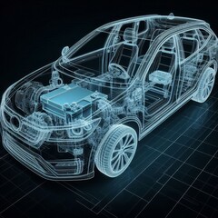 Naklejka premium A line art 3D illustration displays a modern electric car chassis x-ray, revealing the vehicle battery in a studio environment. 