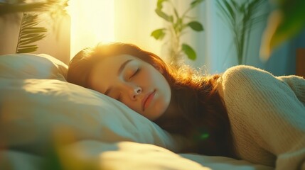 A peaceful young woman sleeping comfortably in a softly lit room filled with greenery during the morning hours