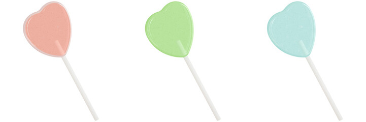 set of 3d lolipop, three colorful lolipop candies, showcasing pastel red, pastel lime green, pastel cyan against an isolated background
