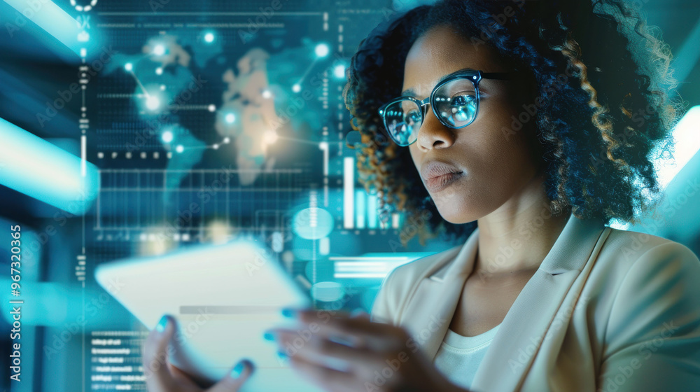 Poster innovative woman using tablet in digital environment, showcasing technology and data analysis. her f