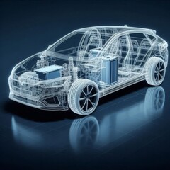 Naklejka premium A line art 3D illustration displays a modern electric car chassis x-ray, revealing the vehicle battery in a studio environment. 