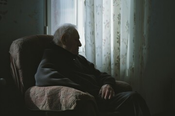 An elderly man sits alone in a well-worn chair by the window, bathed in gentle sunlight, creating an atmosphere of solitude and contemplation.
