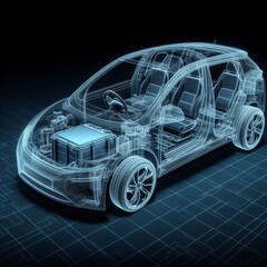 A line art 3D illustration displays a modern electric car chassis x-ray, revealing the vehicle battery in a studio environment.
