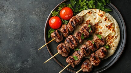 On a plate with copy space left, traditional oriental Adana kebap and shashlik skewer with tomato and flatbread as the top perspective