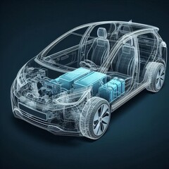 Naklejka premium A line art 3D illustration displays a modern electric car chassis x-ray, revealing the vehicle battery in a studio environment. 