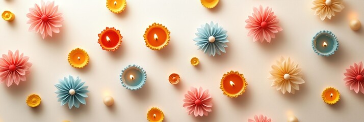 Minimalist Diwali Banner with Floating Diyas and Simple Rangoli Motifs on a Soft Background