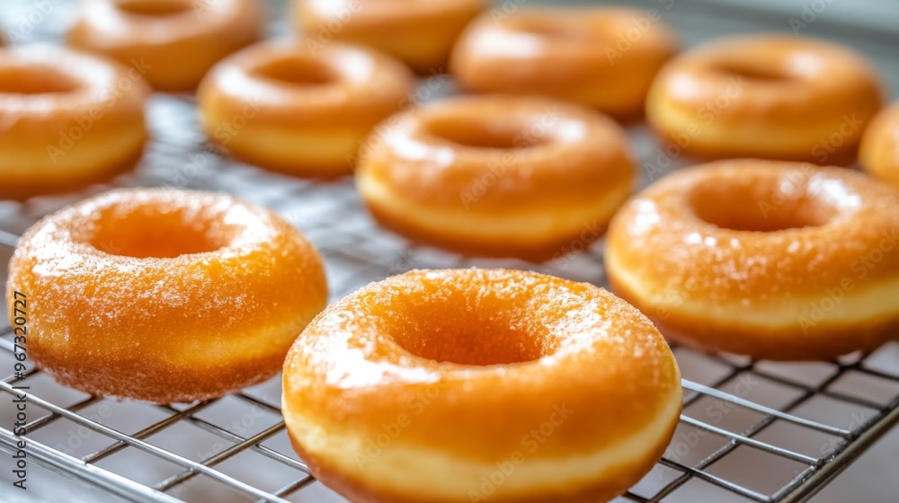 Poster a fresh batch of donuts cooling on a wire rack, with a focus on their golden-brown texture and tempt