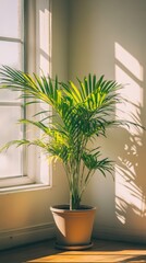 a potted areca palm plant by the window in minimalist style of indoor plants