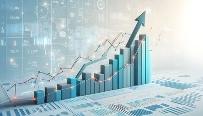 Financial chart with an upward arrow and data points on a white background, symbolizing market growth and financial trends. 3D Rendering