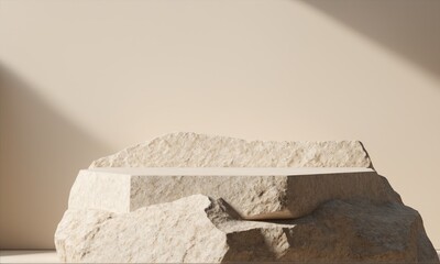 Stone podium with shadow on beige wall