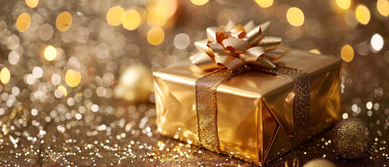 A beautifully wrapped golden gift box adorned with shiny bow, surrounded by sparkling lights and festive decorations, evokes sense of joy and celebration