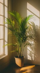 a potted areca palm plant by the window in minimalist style of indoor plants