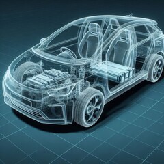 A line art 3D illustration displays a modern electric car chassis x-ray, revealing the vehicle...