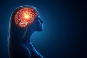 Cognition processing neurofeedback training neural signal analysis and computational cognition side profile of a woman with glowing neural brain showcasing intelligence and cognitive enhancement