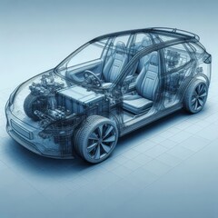 A line art 3D illustration displays a modern electric car chassis x-ray, revealing the vehicle battery in a studio environment.
