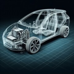 A line art 3D illustration displays a modern electric car chassis x-ray, revealing the vehicle...