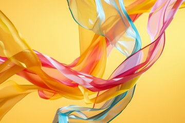 Fototapeta premium Multicolored sheer fabrics swirl gracefully against a yellow background, evoking a sense of lightness and fluidity.