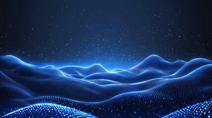 Fototapeta premium Vibrant blue wave patterns create a mesmerizing digital landscape, with glowing dots and smooth curves in a serene, dark environment.